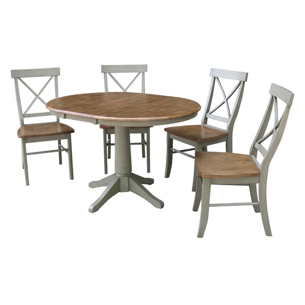 International Concepts Round 36 in Rd Extension Dining Table, 4 X-Back Chairs, Hickory/Stone, 36 W, 48 L, 30.1 in H, Wood K41-36RXT-27B-C613-4 - main